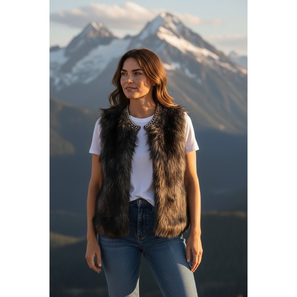 MICHAEL MICHAEL KORS Womens Gray Faux Fur Chain Neck Vest Size L